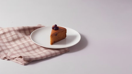 Piece of cake with blueberry on a white plate on a light backgroundの素材