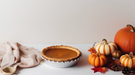 Homemade pumpkin pie on a table with pumpkins and autumn leavesの素材