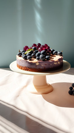 Delicious chocolate cake with fresh blueberries and grapes on white plateの素材