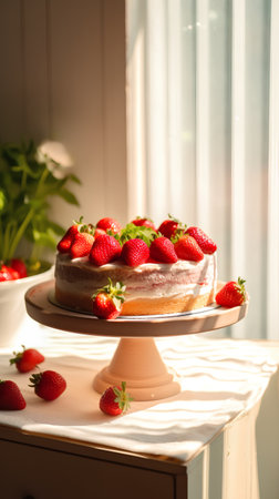 Delicious cake with fresh strawberries on stand in sunlight, closeupの素材