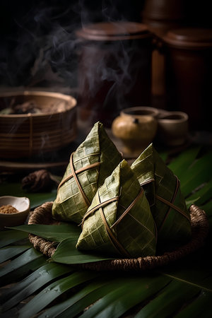 Rice dumplings in a bamboo leaf on a dark backgroundの素材