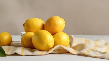 Lemons on a napkin on a white table with copy spaceの素材