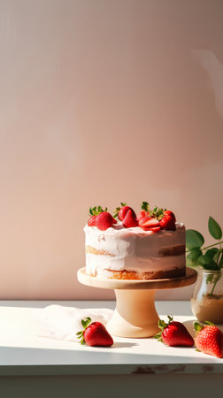 Strawberry cake with cream on a light background. Copy space.の素材