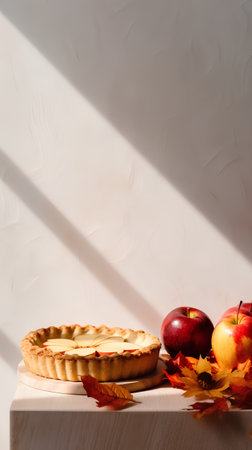 Apple pie and red apples on a wooden stand on a white background.の素材