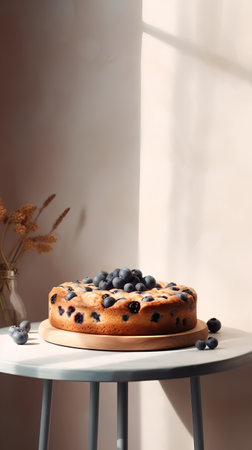 Chocolate cake with blueberries on a white table. 3d renderingの素材