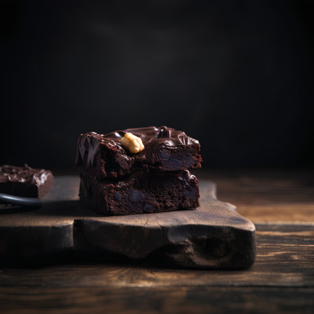 Chocolate brownies with nuts on a wooden background. Selective focus.の素材