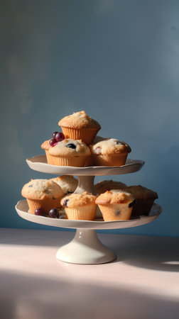 Muffins with berries on a white stand on a blue backgroundの素材