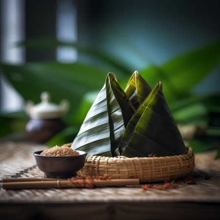 Rice dumplings in banana leaf on wooden background. Traditional Chinese food.の素材