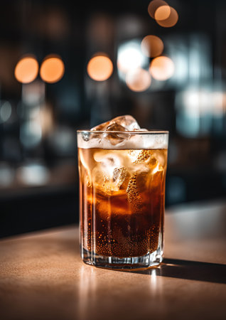 Cuba libre cocktail with cola and ice cubes on bar counterの素材