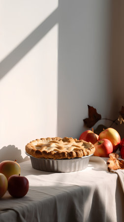 Homemade apple pie on a table with apples and leaves in sunlightの素材