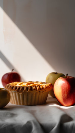 Apple pie with fresh apples on white tablecloth and sunlight in the backgroundの素材