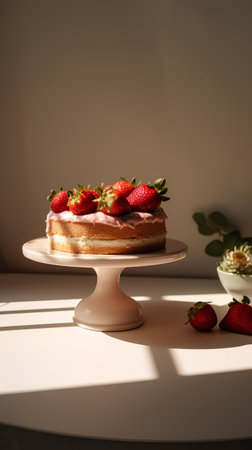 Delicious strawberry cake on stand with fresh strawberries on table in sunlightの素材