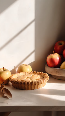Homemade apple pie with fresh apples on a white table in sunlightの素材