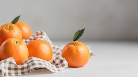 Ripe tangerines with leaves on a napkin on a light backgroundの素材