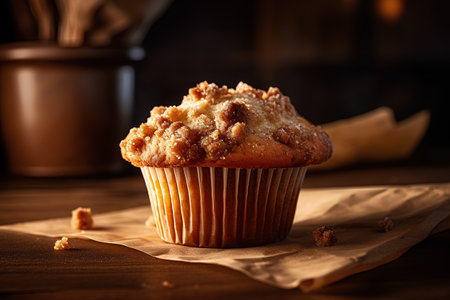 Homemade muffin with nuts on a wooden table. Selective focus.の素材