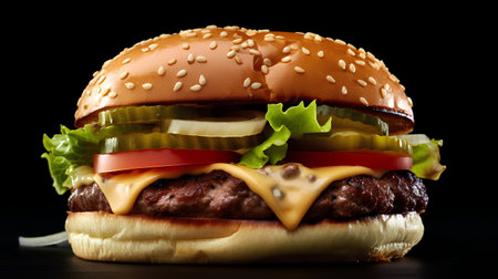 Hamburger on a black background. Close-up image.の素材