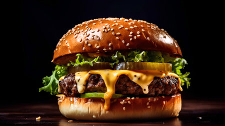 Hamburger with cheese, lettuce and tomato on a dark backgroundの素材