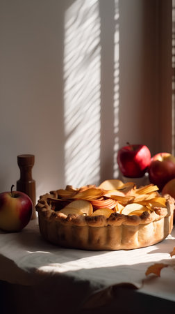 Homemade apple pie with fresh apples on a white table in sunlightの素材