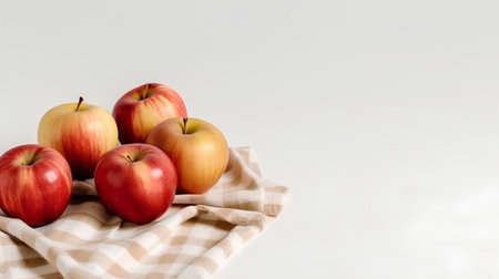 Red apples on a tablecloth on a white background with space for textの素材