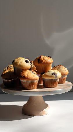 Muffins with blueberries on a wooden stand on a white backgroundの素材
