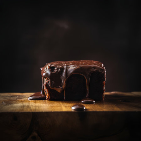 Chocolate cake with chocolate glaze on wooden background. Toned.の素材