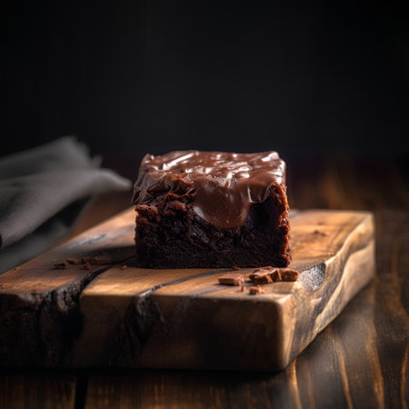 Chocolate brownies on wooden cutting board, selective focus, copy spaceの素材