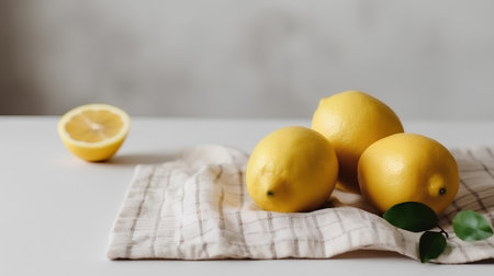 Lemons on a white tablecloth on a gray background.の素材