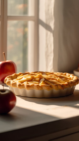 Apple pie on the windowsill in the morning light. Selective focus.の素材