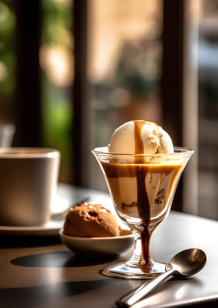 Coffee with ice cream in a glass cup on the tableの素材