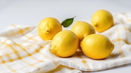 Lemons on a checkered napkin on a white backgroundの素材