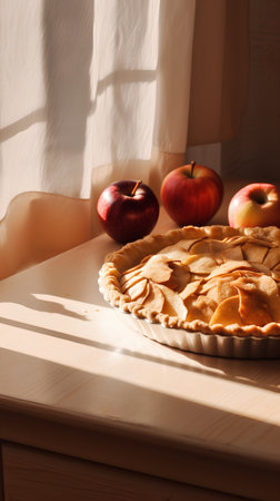 Apple pie and fresh apples on a wooden table in the sunlight.の素材