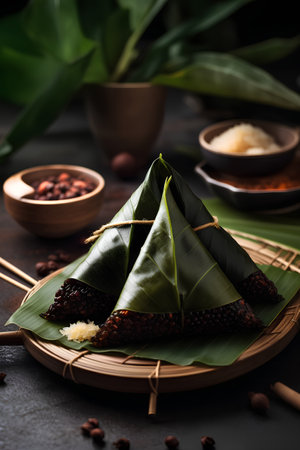 Rice dumplings with banana leaves on a black background.の素材