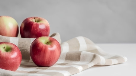 Red apples in a basket on a white tablecloth with copy spaceの素材