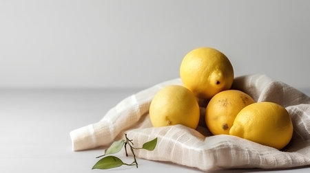 Lemons on a linen napkin on a gray background.の素材