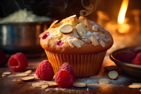 Muffin with raspberries and almonds on a wooden tableの素材