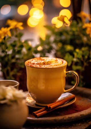 Cappuccino with cinnamon on a wooden table. Selective focus.の素材