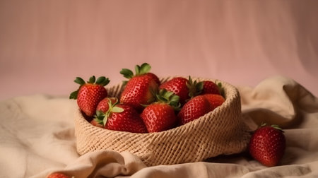 Strawberries in a wicker basket on a beige backgroundの素材