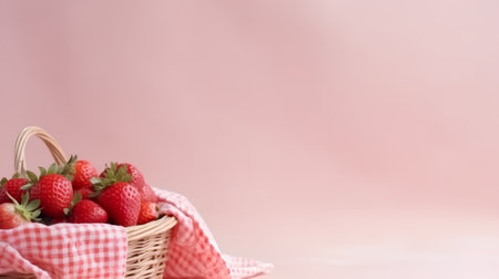 Strawberries in a basket on a pink background with copy spaceの素材