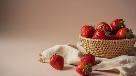 Strawberries in a basket on a brown background with copy spaceの素材