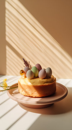 Easter cake and eggs on pastel background. 3d renderの素材