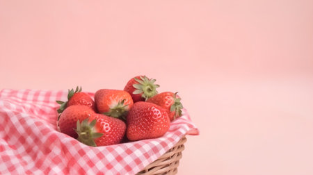 Strawberries in a basket on a pink background with copy spaceの素材