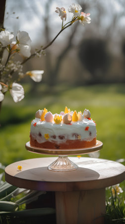 Easter cake on a wooden stand in the garden with spring flowersの素材