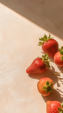 Strawberries on a beige background, top view, copy spaceの素材
