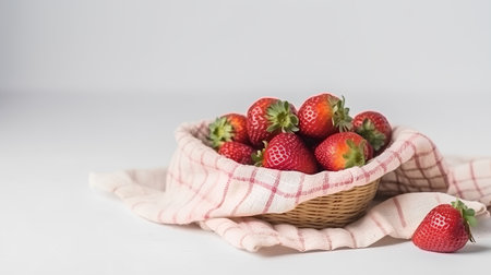Strawberries in a wicker basket on a white background.の素材