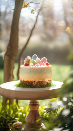 Easter cake on a stand in the garden. Selective focus.の素材