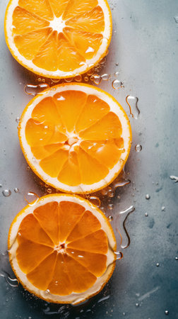 Slices of orange with water drops on blue background, top viewの素材