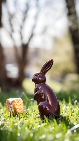 Easter chocolate bunny and egg on green grass, shallow depth of fieldの素材