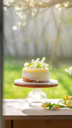 Lemon cheesecake with white flowers on a wooden table in the gardenの素材