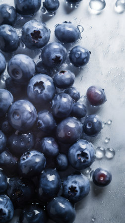 Blueberries with water drops on a gray background. Toned.の素材