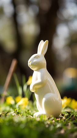 Easter bunny figurine on green grass with daffodilsの素材